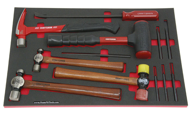 Foam Organizer for 5 Craftsman Hammers and 1 Pry Bar plus 5 Mayhew Punches and 1 Chisel