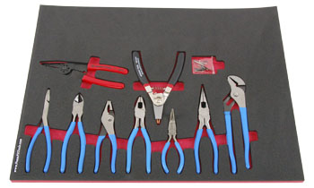 Foam Tool Organizer for 7 Channellock Pliers with Wright Wire Stripper and Snap Ring Pliers
